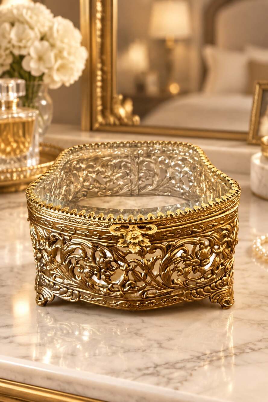 Vintage Hollywood Regency Gold Ormolu Glass Jewelry Box